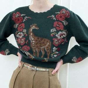 Vintage Giraffe Wool Sweater Intarsia Knit Herman Geist Deer Animal Floral M